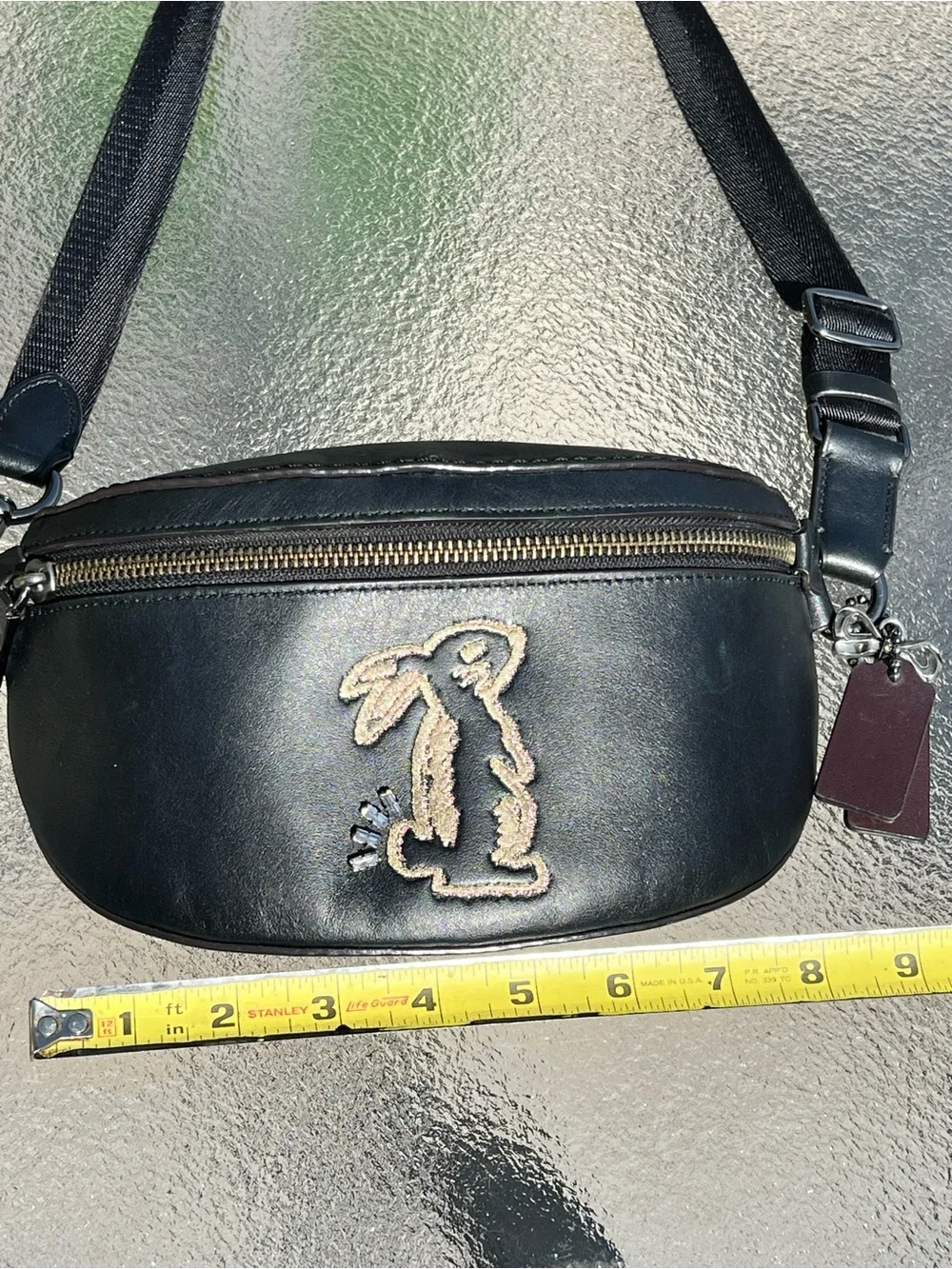 Coach X Selena Gomez Black Leather Belt Crossbody Bag with Embroidered Bunny